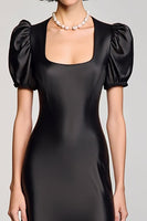 Laden Sie das Bild in den Galerie-Viewer, A Linie Schwarzes Langes Hochzeitsgastkleid mit Puffärmeln