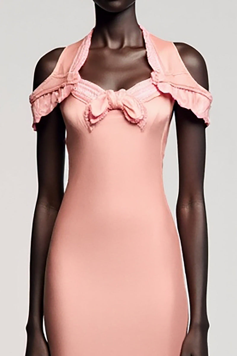 Laden Sie das Bild in den Galerie-Viewer, Kalte Schulter Meerjungfrau Rosa Hochzeitsgastkleid mit Schleife