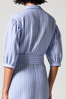 Laden Sie das Bild in den Galerie-Viewer, Blaues Gestreiftes Etui Langes Arbeitskleid mit V-Ausschnitt