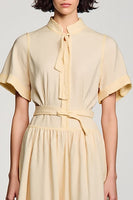 Laden Sie das Bild in den Galerie-Viewer, Langes A-Linie Arbeitskleid mit hohem Ausschnitt und Gürtel