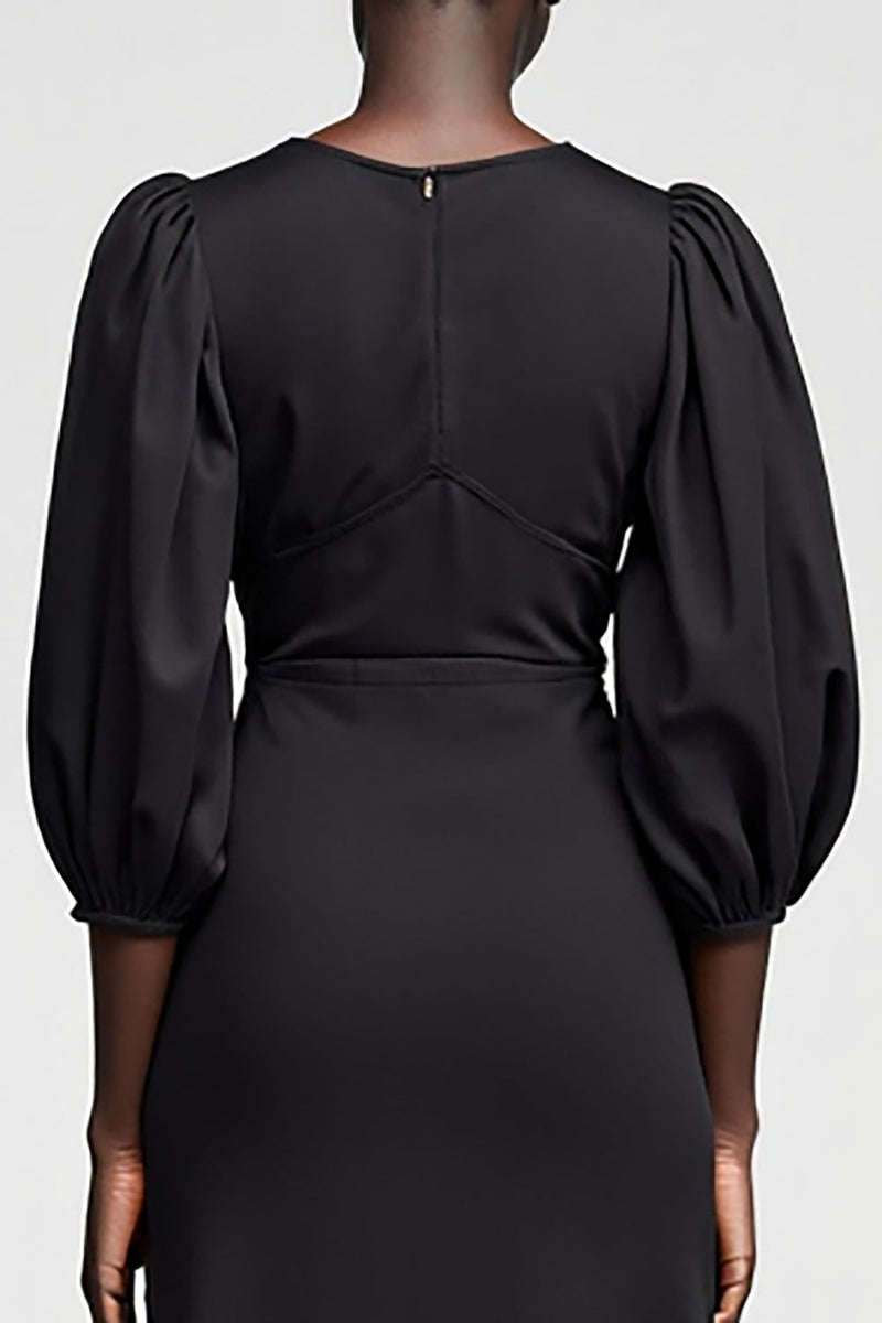 Laden Sie das Bild in den Galerie-Viewer, Schwarzes A-Linie 3/4 Ärmel Langes Hochzeitsgastkleid mit Quaste