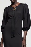 Laden Sie das Bild in den Galerie-Viewer, Schwarzes A-Linie 3/4 Ärmel Langes Hochzeitsgastkleid mit Quaste