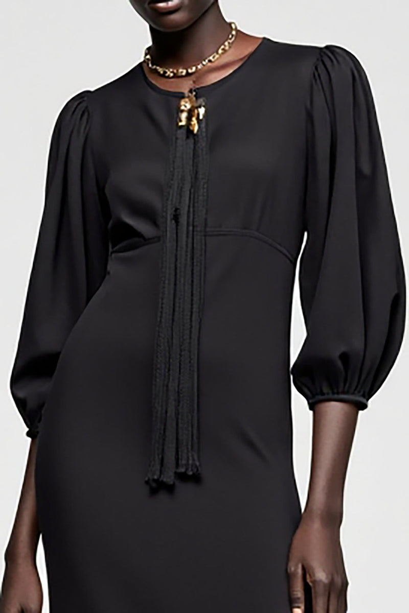 Laden Sie das Bild in den Galerie-Viewer, Schwarzes A-Linie 3/4 Ärmel Langes Hochzeitsgastkleid mit Quaste