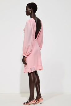 Langärmeliges Rosa Brautgastkleid mit V-Ausschnitt und Rüschen