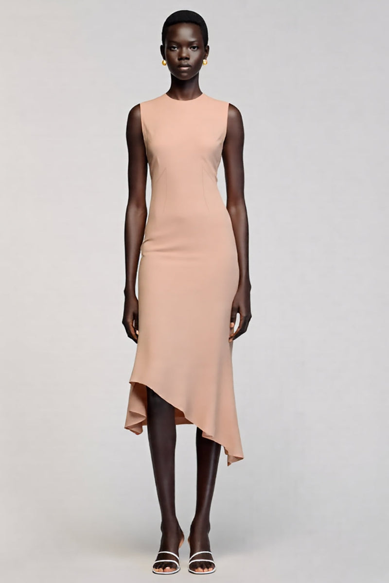 Laden Sie das Bild in den Galerie-Viewer, Meerjungfrau Rundhalsausschnitt Asymmetrisches Champagner Hochzeitsgastkleid