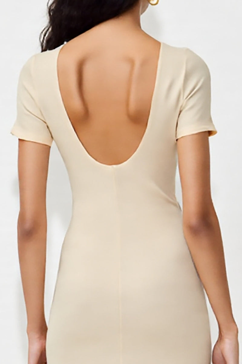 Laden Sie das Bild in den Galerie-Viewer, Einfaches Aprikose Midi Etui Kleid für Hochzeitsgäste mit Schlitz