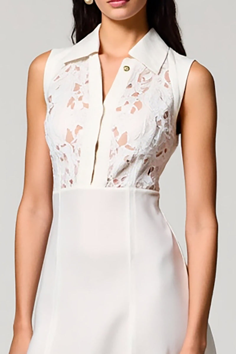 Laden Sie das Bild in den Galerie-Viewer, Weißes A-Linie Midi Kleid für Hochzeitsgäste mit Polokragen und Spitze