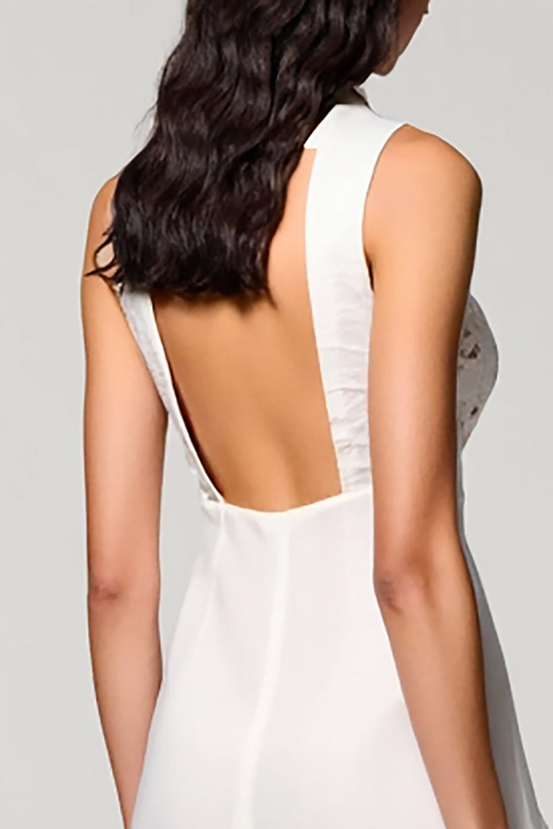 Laden Sie das Bild in den Galerie-Viewer, Weißes A-Linie Midi Kleid für Hochzeitsgäste mit Polokragen und Spitze