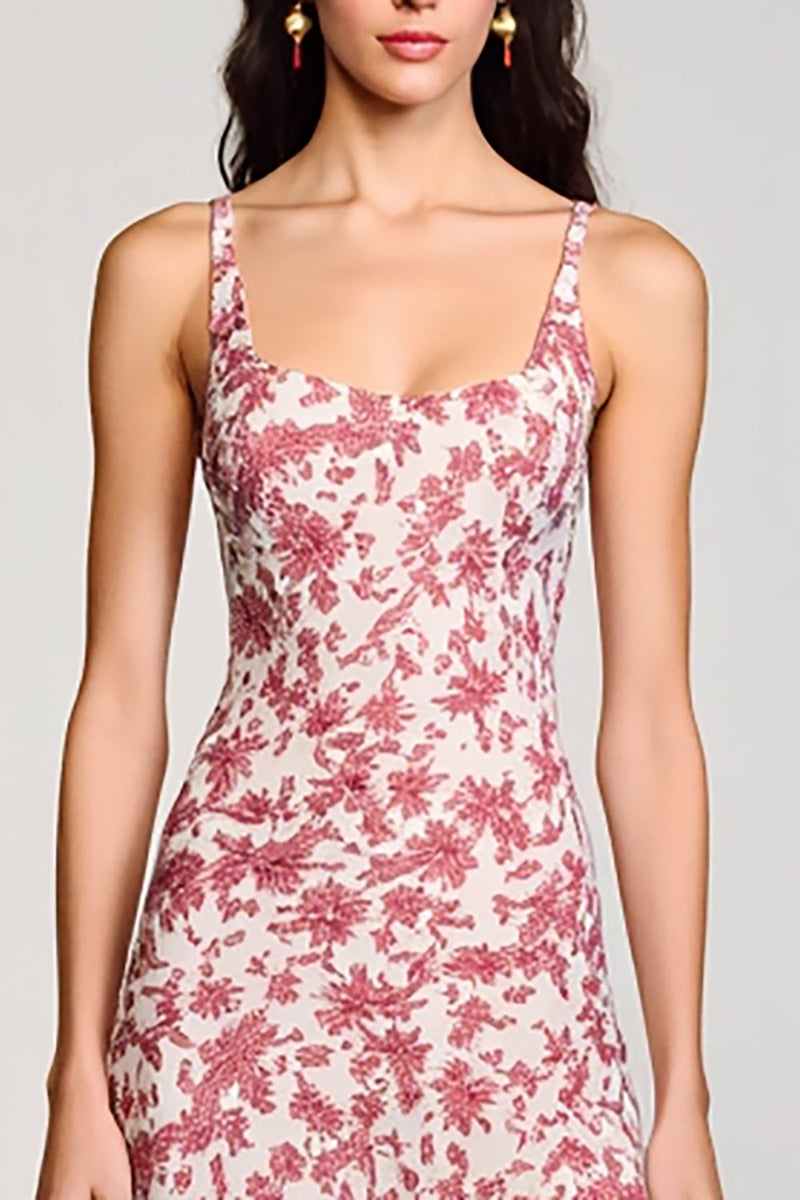 Laden Sie das Bild in den Galerie-Viewer, Rotes  A-Linie Blumen Kleid für Hochzeitsgäste mit quadratischem Ausschnitt