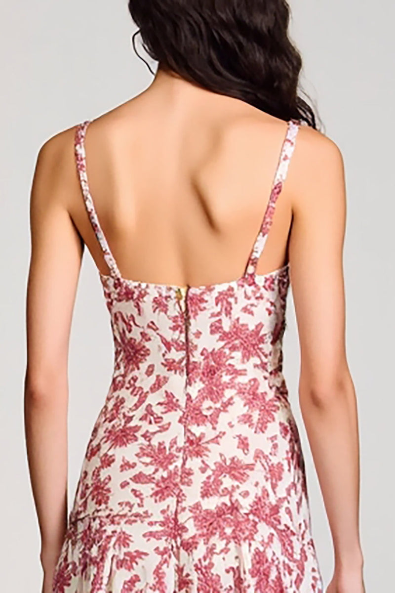 Laden Sie das Bild in den Galerie-Viewer, Rotes  A-Linie Blumen Kleid für Hochzeitsgäste mit quadratischem Ausschnitt