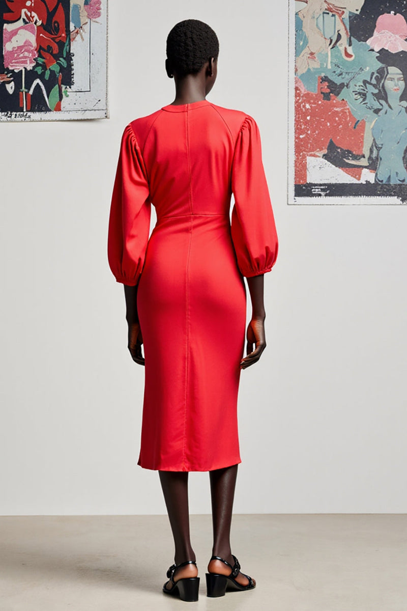 Laden Sie das Bild in den Galerie-Viewer, Rotes Etui 3/4 Ärmel Midi Hochzeitskleid