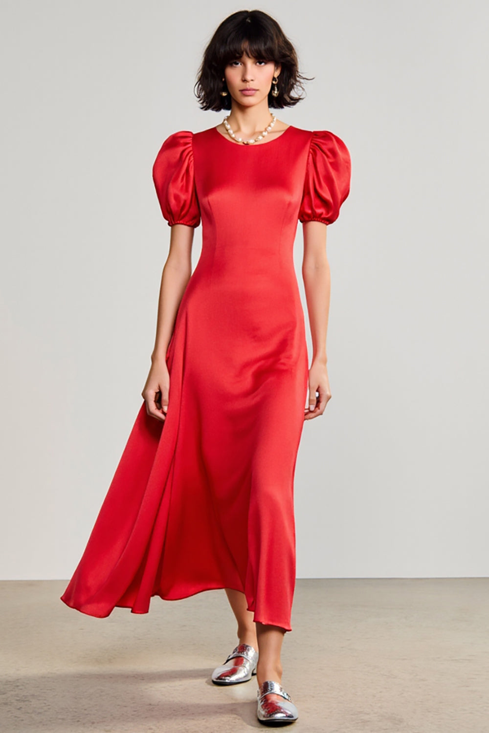 Rotes A-Linie Hochzeitskleid aus Satin mit Puffärmeln