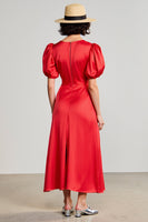 Laden Sie das Bild in den Galerie-Viewer, Rotes A-Linie Hochzeitskleid aus Satin mit Puffärmeln