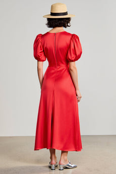 Rotes A-Linie Hochzeitskleid aus Satin mit Puffärmeln