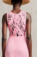 Laden Sie das Bild in den Galerie-Viewer, Rosa Rundhalsausschnitt Etui Kleid für Hochzeitsgäste mit Spitze