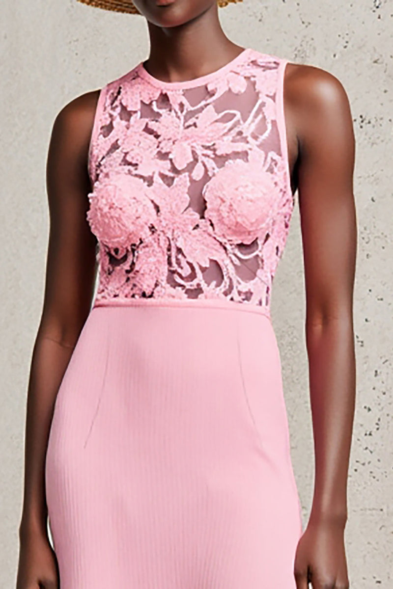 Laden Sie das Bild in den Galerie-Viewer, Rosa Rundhalsausschnitt Etui Kleid für Hochzeitsgäste mit Spitze