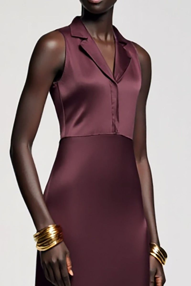 Laden Sie das Bild in den Galerie-Viewer, Dunkelrotes Satin Hochzeitsgastkleid aus Satin mit gekerbtem Revers