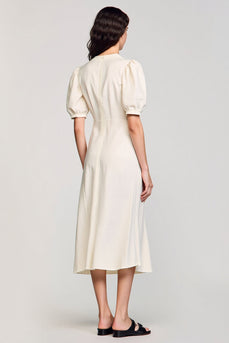 Aprikose Etui V-Ausschnitt Hochzeitsgastkleid mit Schlitz