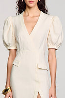 Laden Sie das Bild in den Galerie-Viewer, Aprikose Etui V-Ausschnitt Hochzeitsgastkleid mit Schlitz