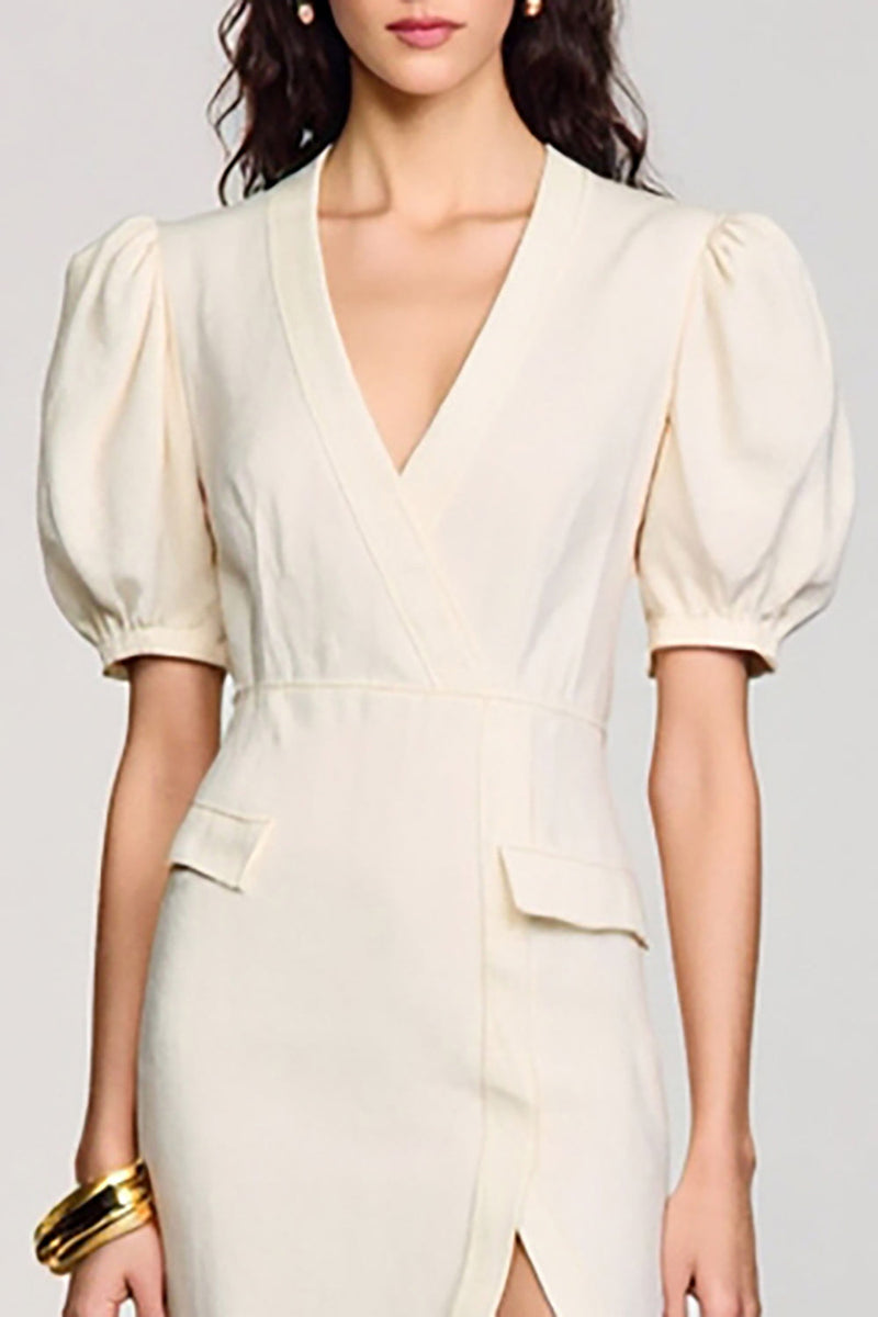 Laden Sie das Bild in den Galerie-Viewer, Aprikose Etui V-Ausschnitt Hochzeitsgastkleid mit Schlitz