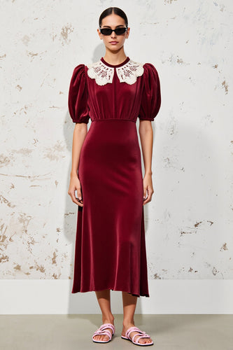 Dunkelrotes A-Linie Hochzeitsgastkleid aus Samt