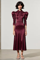 Laden Sie das Bild in den Galerie-Viewer, Dunkelrotes A-Linie Satin Hochzeitsgastkleid mit Reversausschnitt