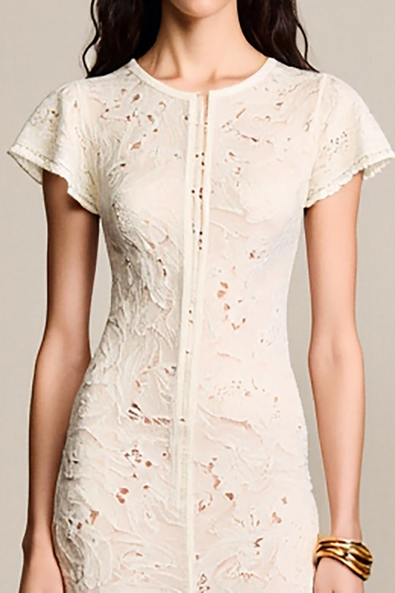 Laden Sie das Bild in den Galerie-Viewer, Spitze Aprikose A Linie Hochzeitsgastkleid