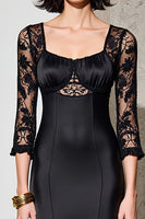 Laden Sie das Bild in den Galerie-Viewer, Schwarzes Etui Midi Kleid für Hochzeitsgäste mit Spitze