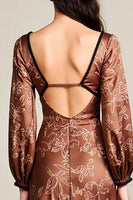 Laden Sie das Bild in den Galerie-Viewer, Drucken Kaffee Langärmeliges Satin Kleid für Hochzeitsgäste