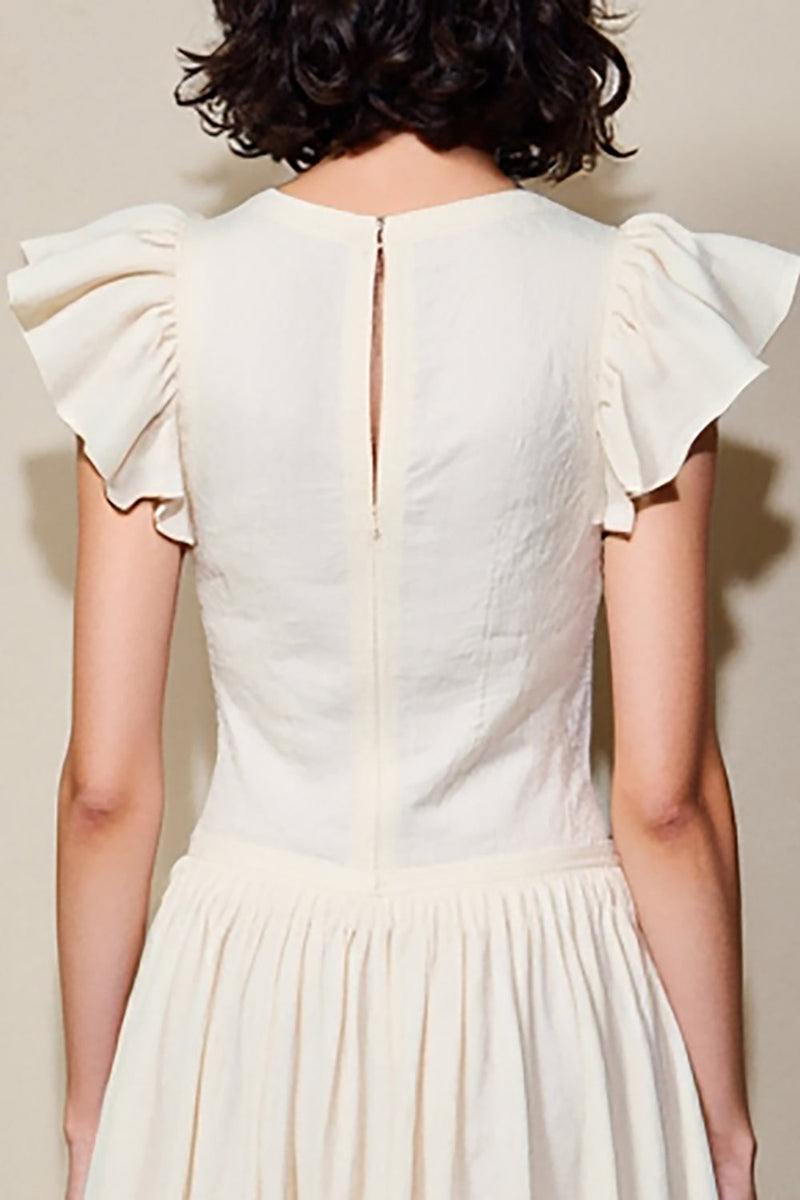 Laden Sie das Bild in den Galerie-Viewer, Weißes Kleid für Hochzeitsgäste mit V-Ausschnitt und Rüschenärmeln in A-Linie