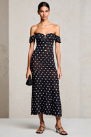 Laden Sie das Bild in den Galerie-Viewer, Schwarzes Schulterfreies Etui Polka Dots Hochzeitsgastkleid