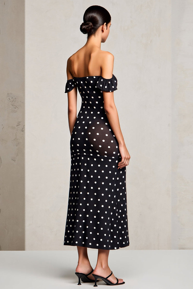 Laden Sie das Bild in den Galerie-Viewer, Schwarzes Schulterfreies Etui Polka Dots Hochzeitsgastkleid