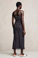 Laden Sie das Bild in den Galerie-Viewer, Schwarzes Etui Spaghettiträger Polka Dots Hochzeitsgastkleid
