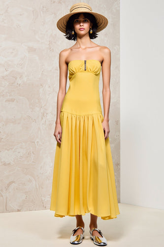 Gelbes Trägerloses Gerafftes A-Linie Hochzeitsgastkleid