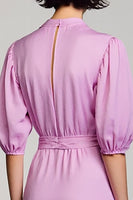 Laden Sie das Bild in den Galerie-Viewer, Lila A Linie Hochzeitsgastkleid mit tiefem V-Ausschnitt und kurzen Ärmeln