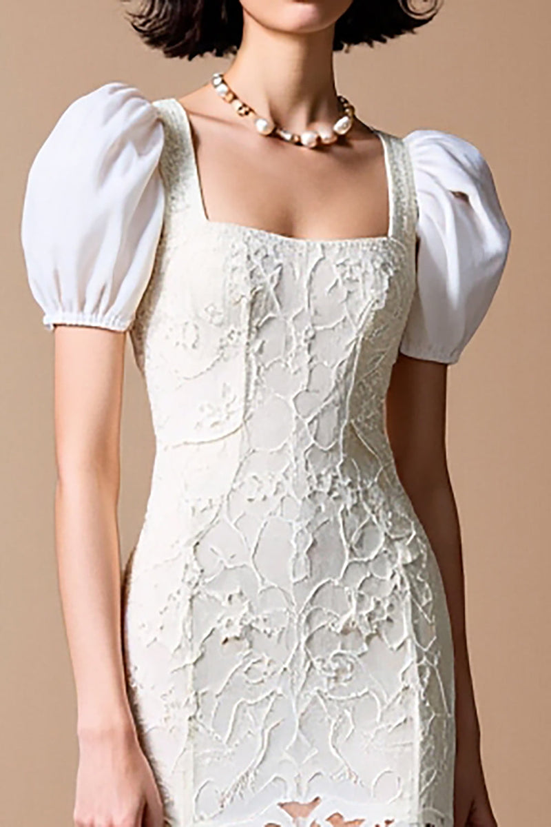 Laden Sie das Bild in den Galerie-Viewer, Weißes Etui Spitze Kleid für Hochzeitsgäste mit quadratischem Ausschnitt