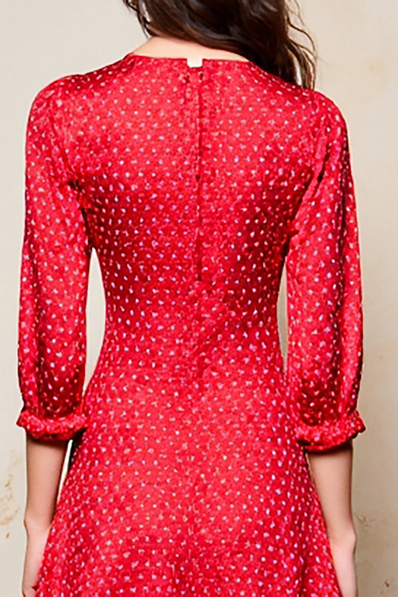 Laden Sie das Bild in den Galerie-Viewer, Rotes A-Linie Kleid für Hochzeitsgäste mit 3/4 Ärmeln