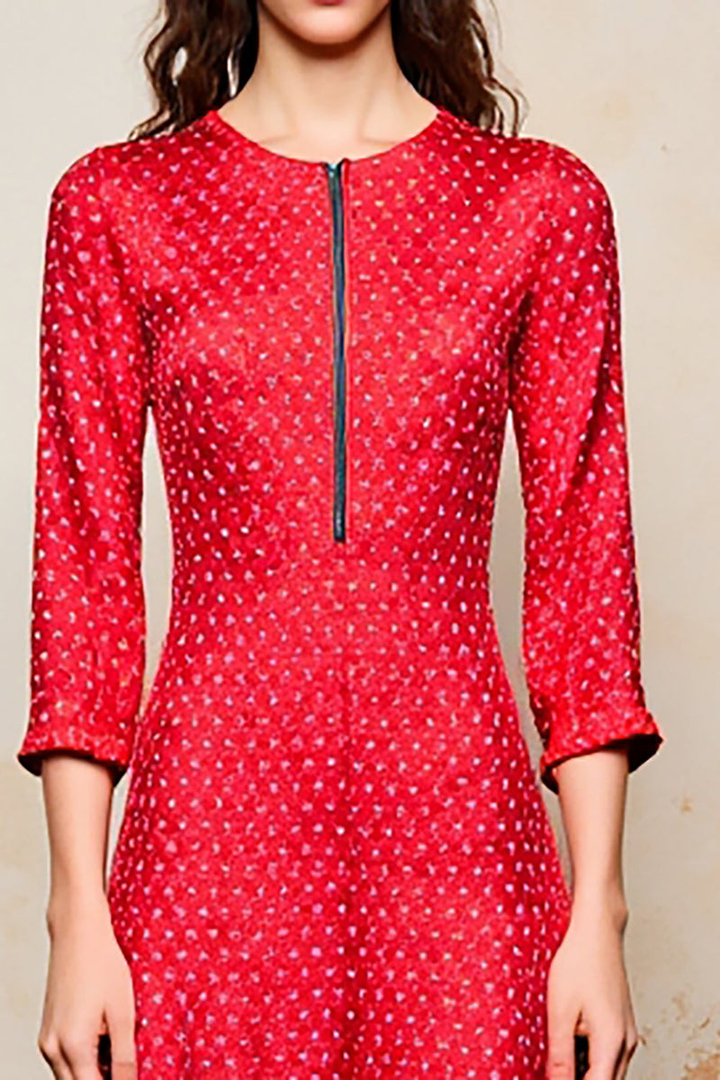 Laden Sie das Bild in den Galerie-Viewer, Rotes A-Linie Kleid für Hochzeitsgäste mit 3/4 Ärmeln