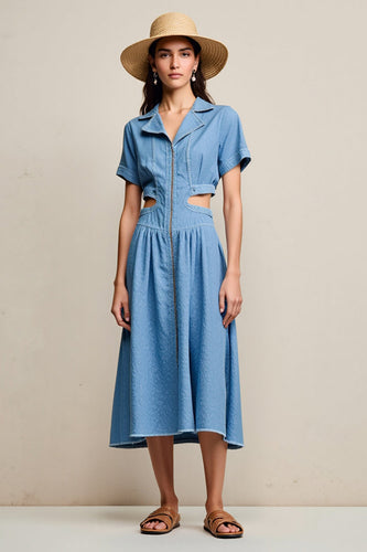 Blaues Gekerbtes Revers A Linie Cut Out Hochzeitsgastkleid