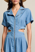 Laden Sie das Bild in den Galerie-Viewer, Blaues Gekerbtes Revers A Linie Cut Out Hochzeitsgastkleid