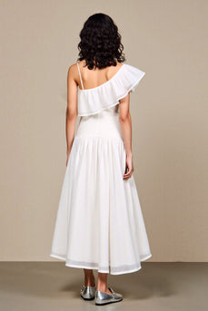 Weißes A-Linie Kleid für Hochzeitsgäste mit Blumenmuster und Rüschen