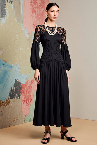 Schwarzes A Linie Langarmkleid für Hochzeitsgäste mit Spitze