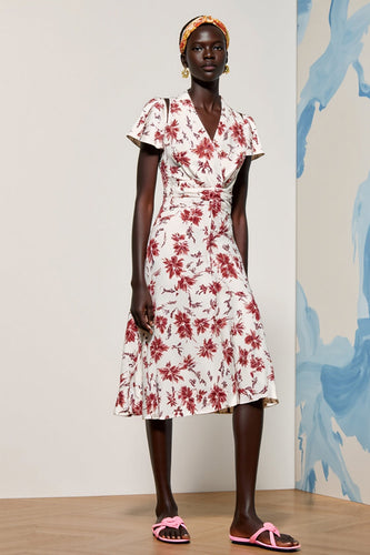 Rosa Geblümtes Midikleid für Hochzeitsgäste mit V-Ausschnitt