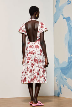 Rosa Geblümtes Midikleid für Hochzeitsgäste mit V-Ausschnitt