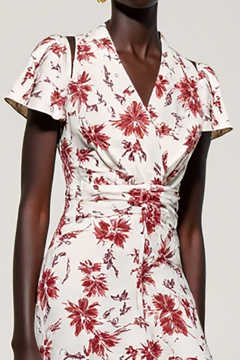 Laden Sie das Bild in den Galerie-Viewer, Rosa Geblümtes Midikleid für Hochzeitsgäste mit V-Ausschnitt