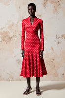 Laden Sie das Bild in den Galerie-Viewer, Rotes A Linie Langärmeliges Polka Dot Kleid