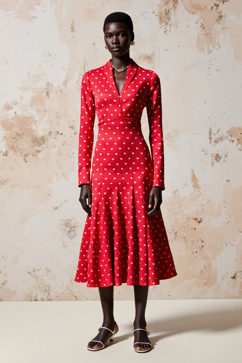 Laden Sie das Bild in den Galerie-Viewer, Rotes A Linie Langärmeliges Polka Dot Kleid