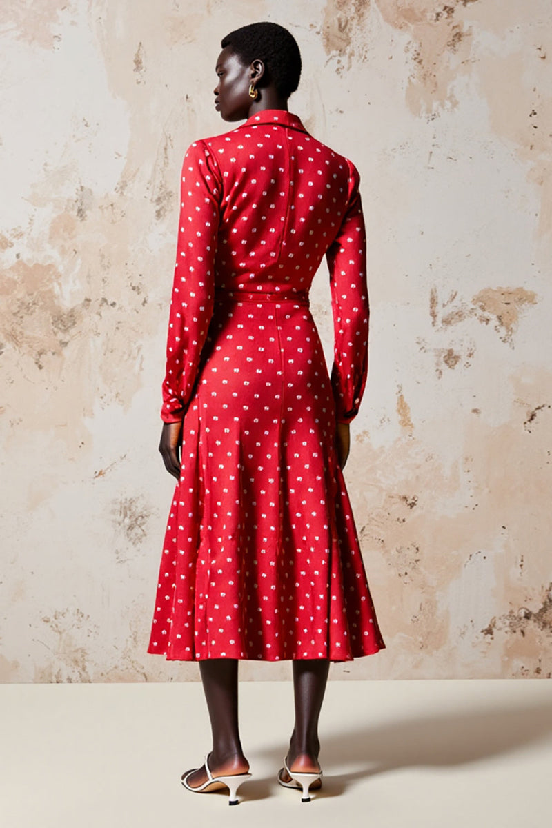 Laden Sie das Bild in den Galerie-Viewer, Rotes A Linie Langärmeliges Polka Dot Kleid