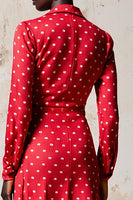 Laden Sie das Bild in den Galerie-Viewer, Rotes A Linie Langärmeliges Polka Dot Kleid