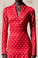 Laden Sie das Bild in den Galerie-Viewer, Rotes A Linie Langärmeliges Polka Dot Kleid